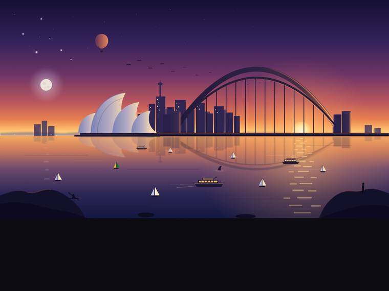 kimi-k3 svg-scene output - Sydney Harbour at golden hour (SVG scene)