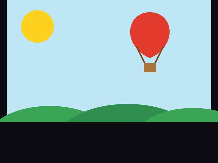 kimi-k3 SVG and graphics output - Flat multi-object scene (sun, hills, hot-air balloon)