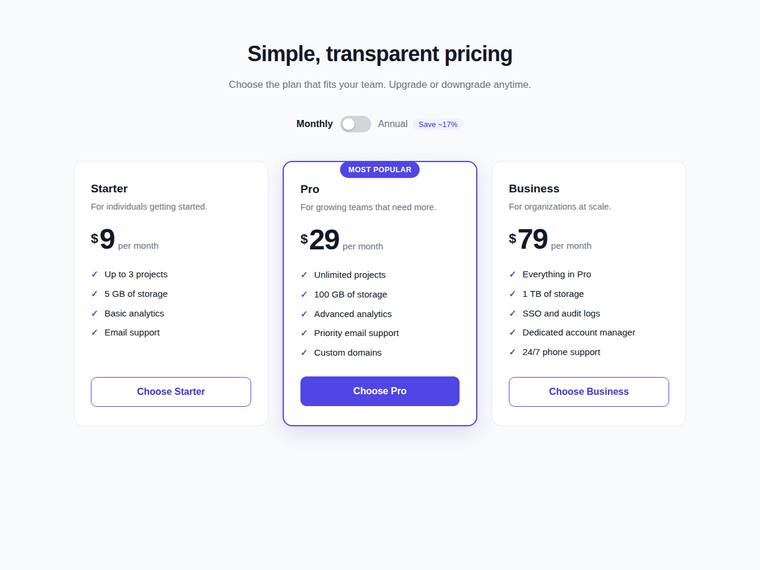 kimi-k3 UI components output - Accessible pricing card with a monthly/annual toggle