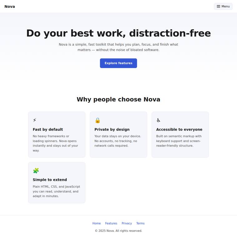 kimi-k3 Websites output - Landing page with a working mobile nav toggle