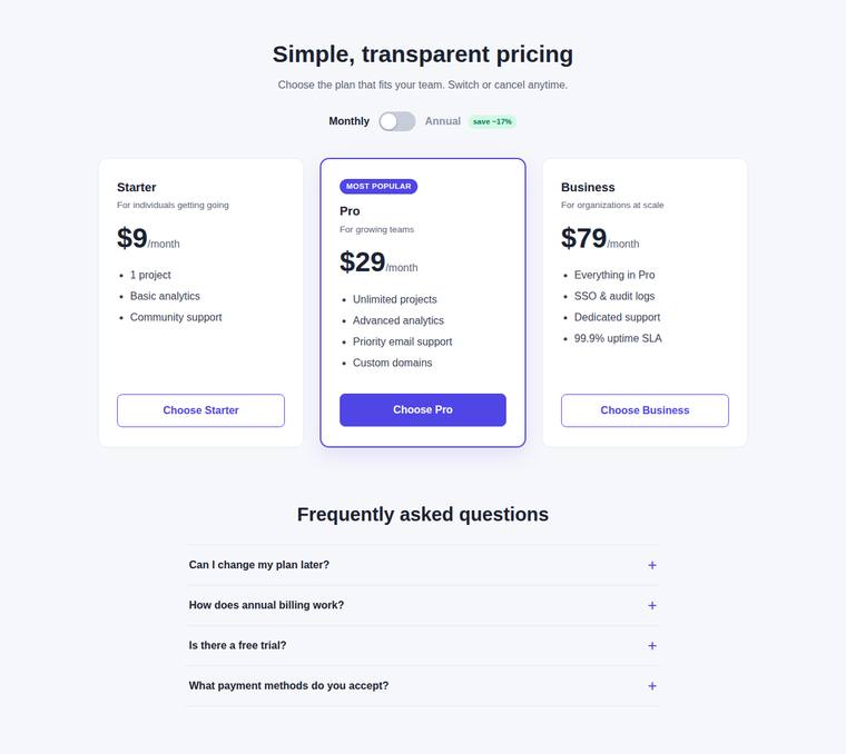 kimi-k3 Websites output - Pricing page with a working billing toggle and FAQ accordion