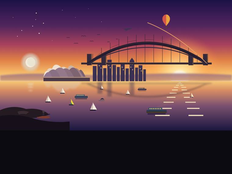 claude-opus-4-8 rendering of the Sydney Harbour at golden hour (SVG scene) benchmark - composite 54.2%, judge 3.2/5