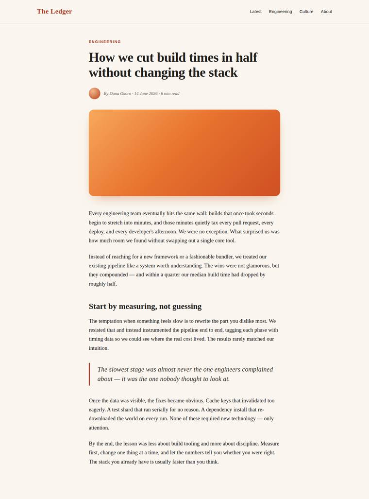 claude-opus-4-8 rendering of the Reproduce an editorial blog article page from its screenshot benchmark - composite 92.2%