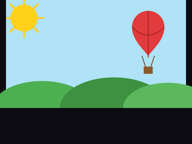 claude-opus-4-8 rendering of the Flat multi-object scene (sun, hills, hot-air balloon) benchmark - composite 100.0%