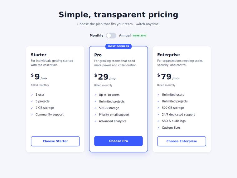 claude-opus-4-8 rendering of the Accessible pricing card with a monthly/annual toggle benchmark - composite 100.0%