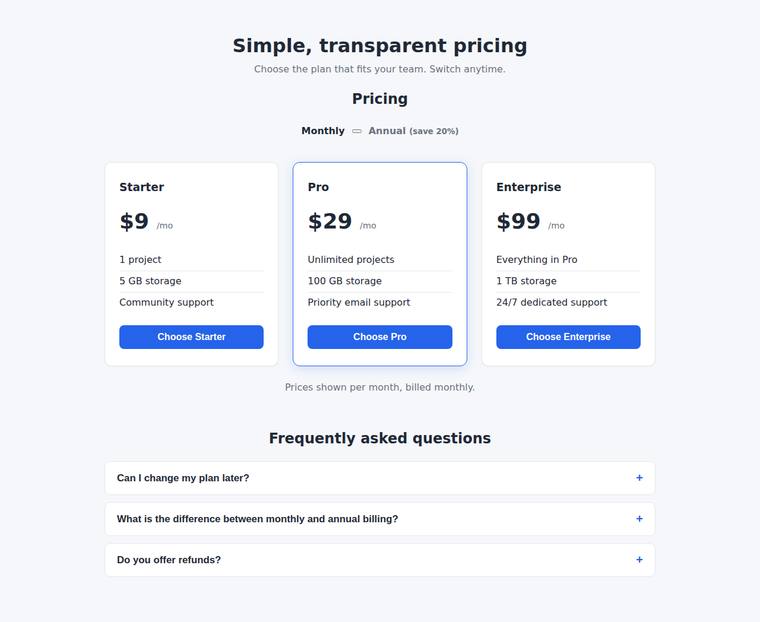 claude-opus-4-8 rendering of the Pricing page with a working billing toggle and FAQ accordion benchmark - composite 100.0%