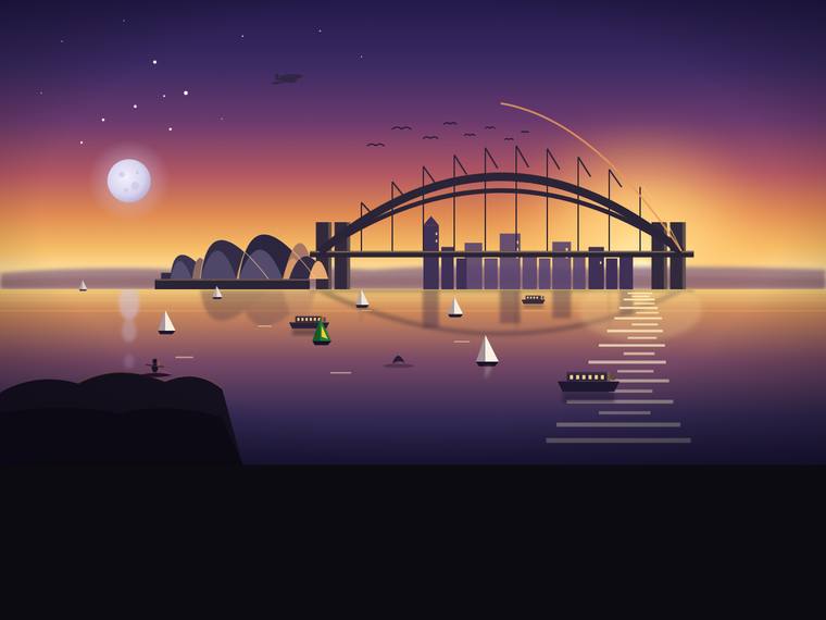 claude-opus-4-8 rendering of the Sydney Harbour at golden hour (SVG scene) benchmark - composite 68.8%, judge 3.8/5
