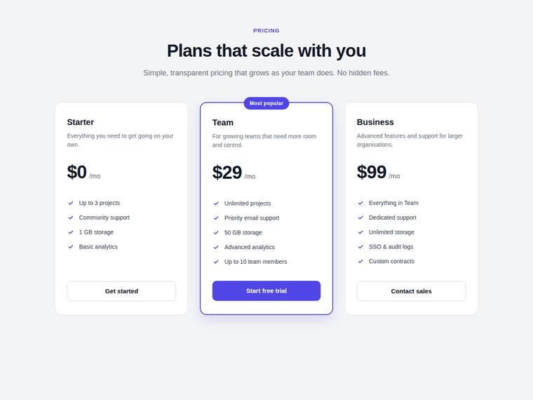 claude-opus-4-8 rendering of the Reproduce a three-tier SaaS pricing page from its screenshot benchmark - composite 0.0%