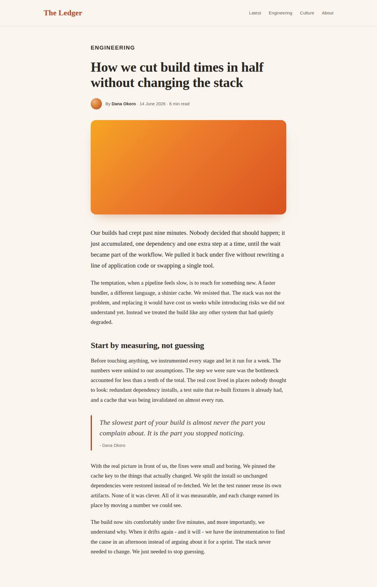 claude-opus-4-8 rendering of the Reproduce an editorial blog article page from its screenshot benchmark - composite 90.8%