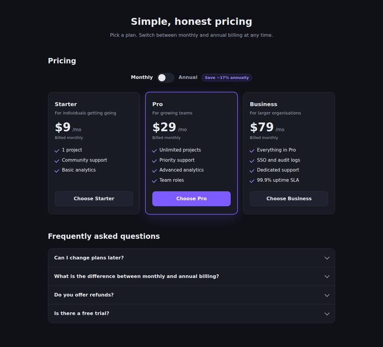 claude-opus-4-8 rendering of the Pricing page with a working billing toggle and FAQ accordion benchmark - composite 99.3%