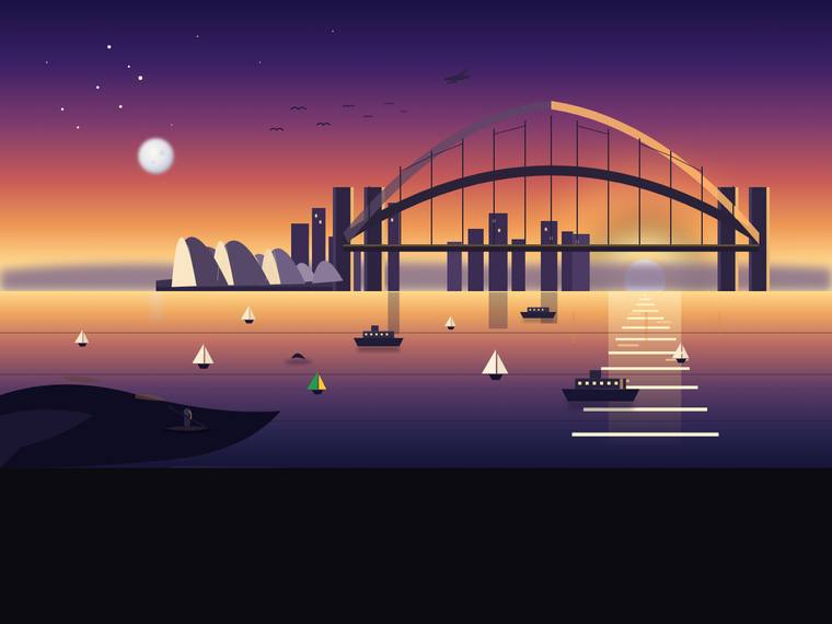 claude-opus-4-8 rendering of the Sydney Harbour at golden hour (SVG scene) benchmark - composite 62.5%, judge 3.5/5