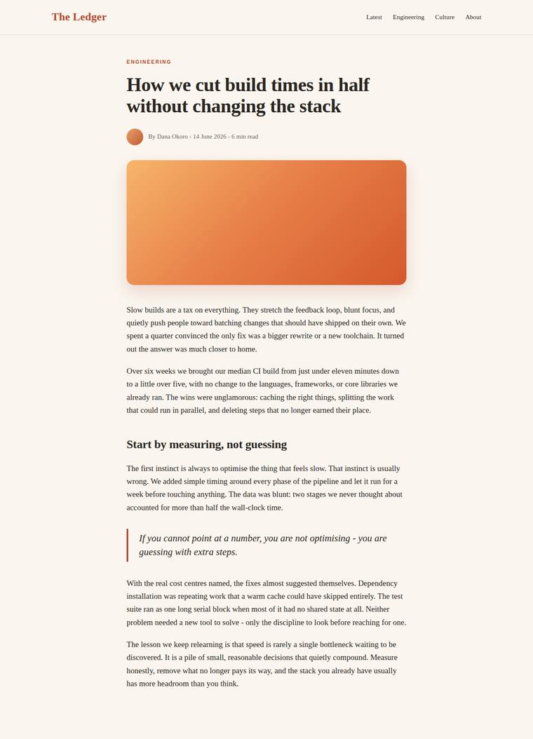 claude-opus-4-8 rendering of the Reproduce an editorial blog article page from its screenshot benchmark - composite 91.7%