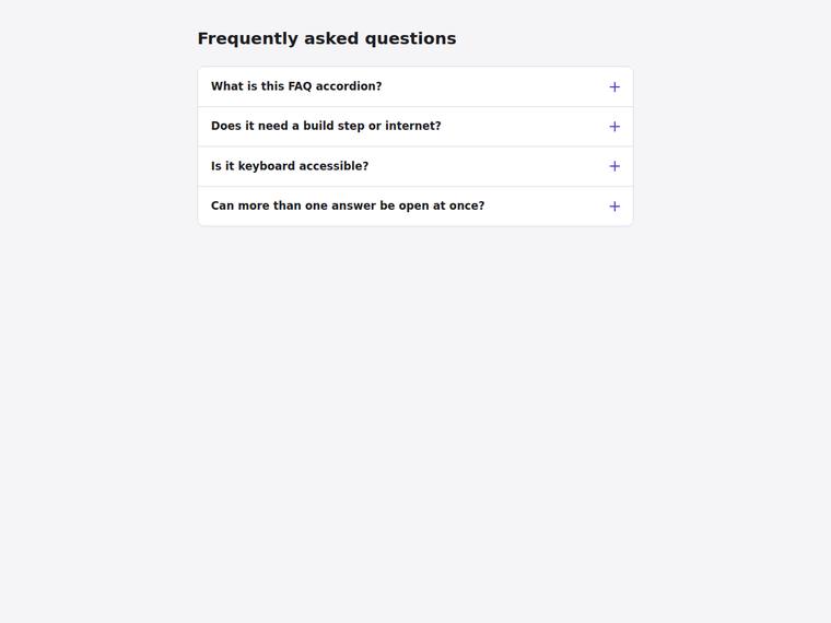 claude-opus-4-8 rendering of the Accessible accordion FAQ that expands on click benchmark - composite 100.0%