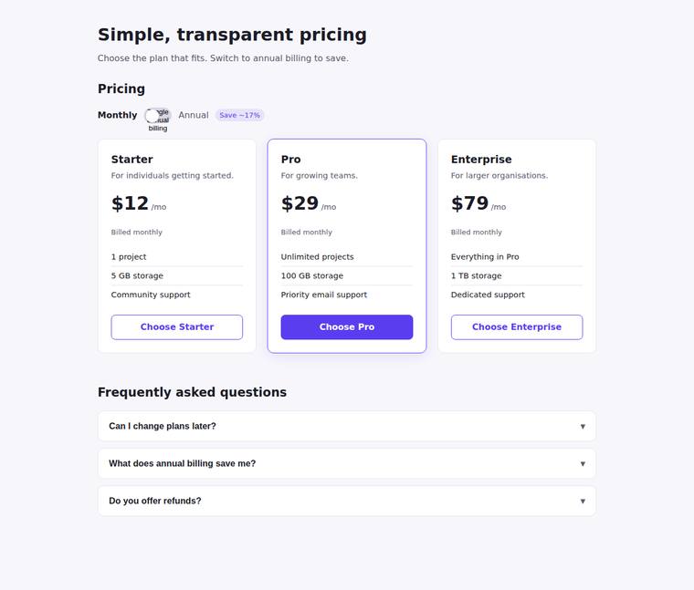 claude-opus-4-8 rendering of the Pricing page with a working billing toggle and FAQ accordion benchmark - composite 100.0%