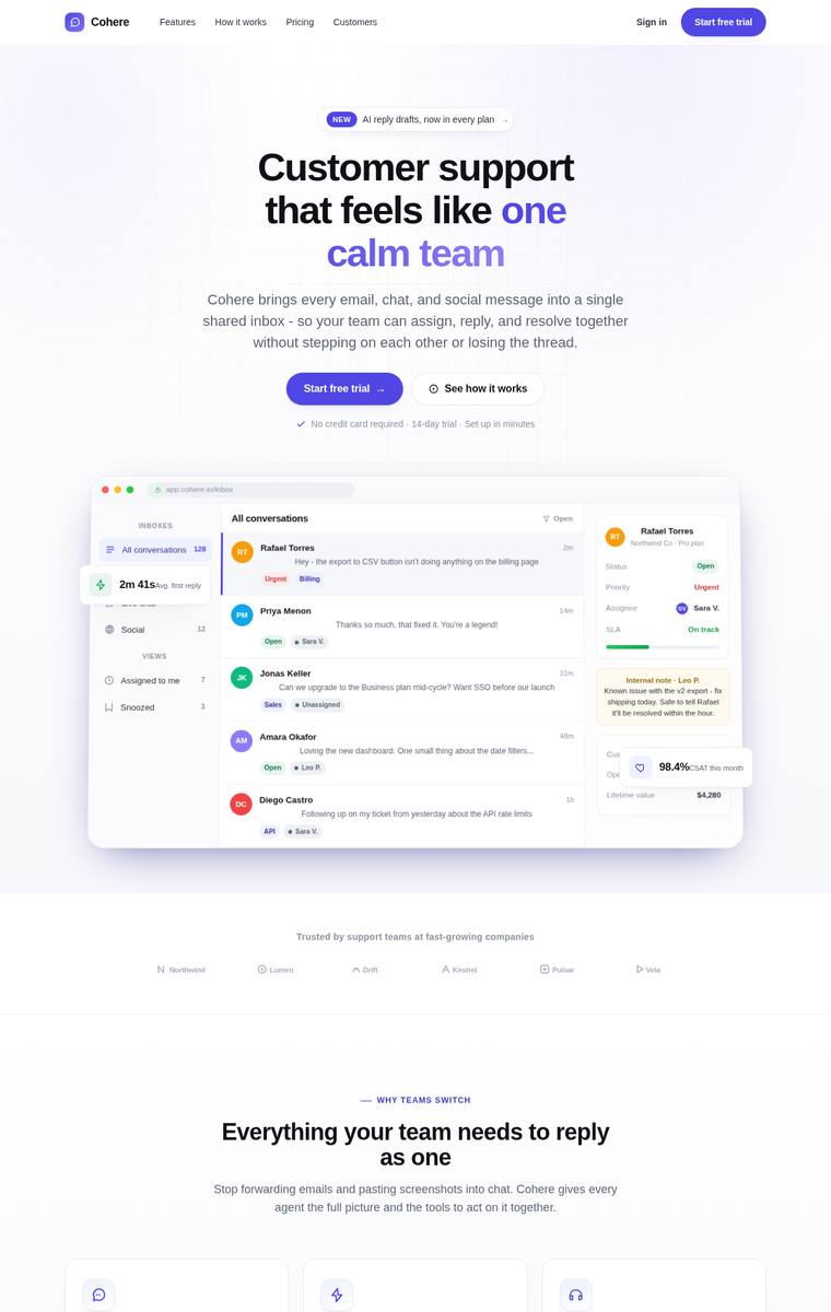 claude-opus-4-8 rendering of the Marketing landing page benchmark - composite 85.4%, judge 4.4/5