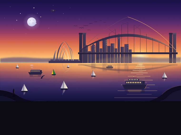 claude-opus-4-8 rendering of the Sydney Harbour at golden hour (SVG scene) benchmark - composite 66.7%, judge 3.7/5