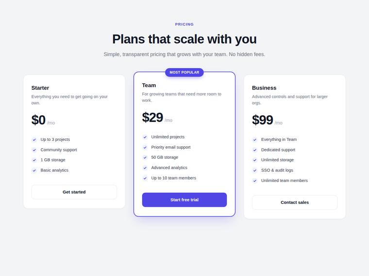 claude-opus-4-8 rendering of the Reproduce a three-tier SaaS pricing page from its screenshot benchmark - composite 0.0%