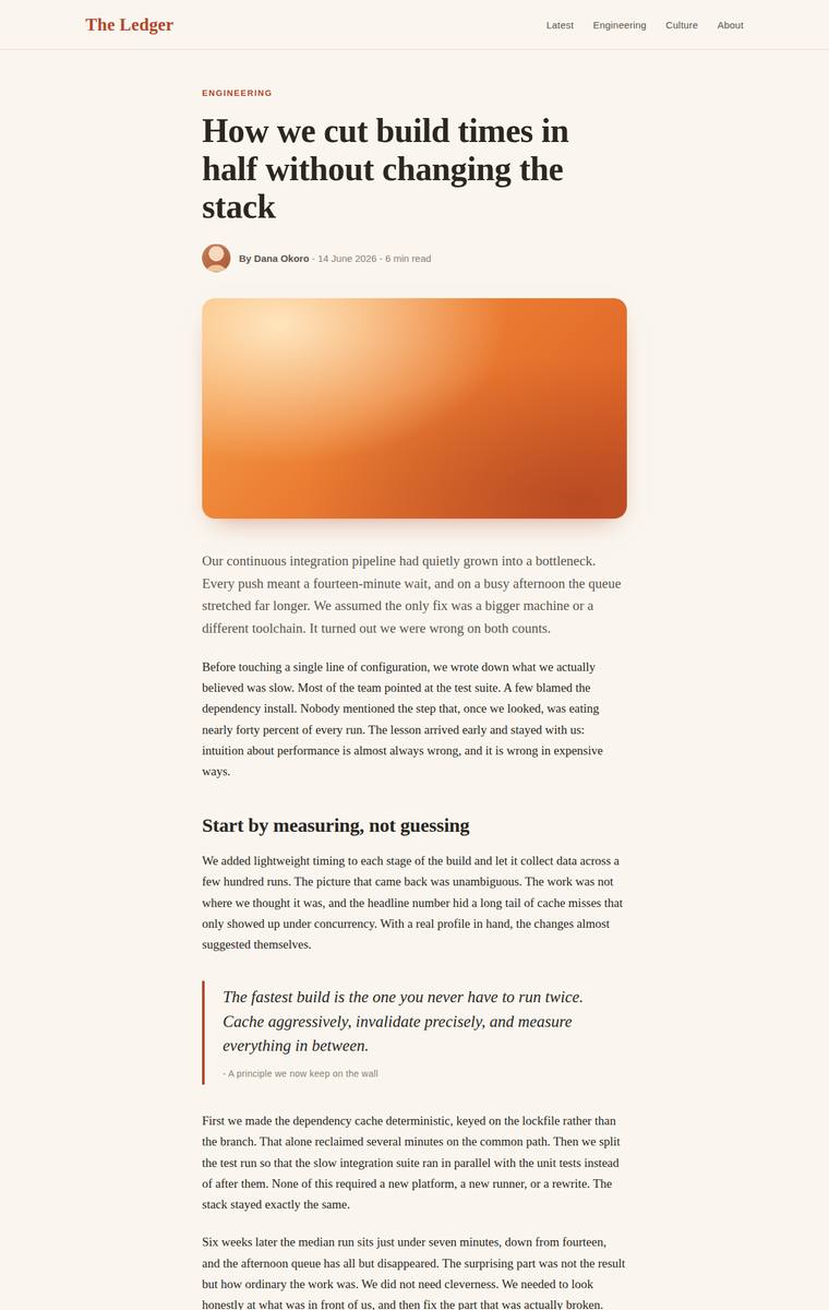 claude-opus-4-8 rendering of the Reproduce an editorial blog article page from its screenshot benchmark - composite 87.1%