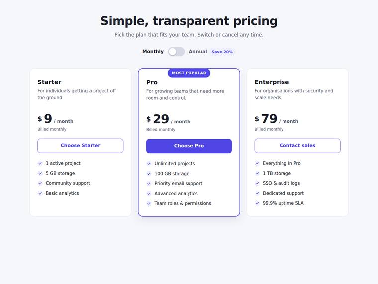 claude-opus-4-8 rendering of the Accessible pricing card with a monthly/annual toggle benchmark - composite 100.0%