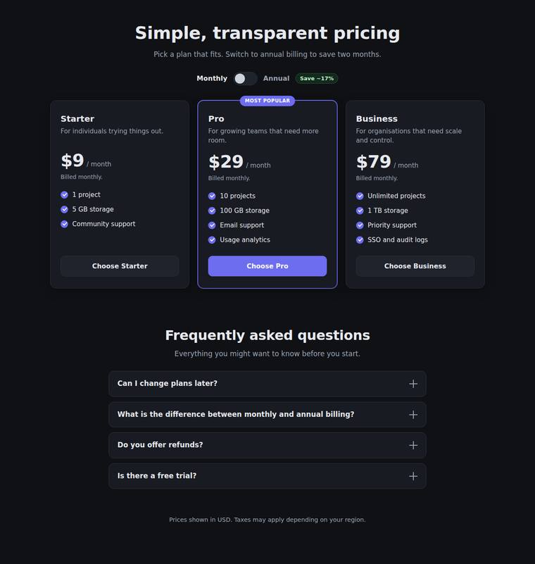 claude-opus-4-8 rendering of the Pricing page with a working billing toggle and FAQ accordion benchmark - composite 99.3%