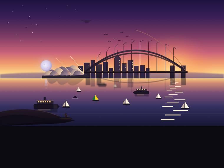 claude-opus-4-8 rendering of the Sydney Harbour at golden hour (SVG scene) benchmark - composite 64.6%, judge 3.6/5