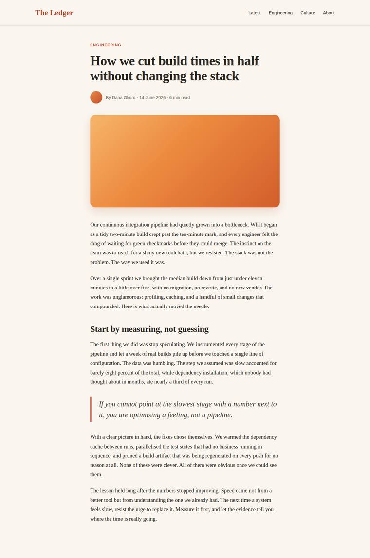 claude-opus-4-8 rendering of the Reproduce an editorial blog article page from its screenshot benchmark - composite 90.7%