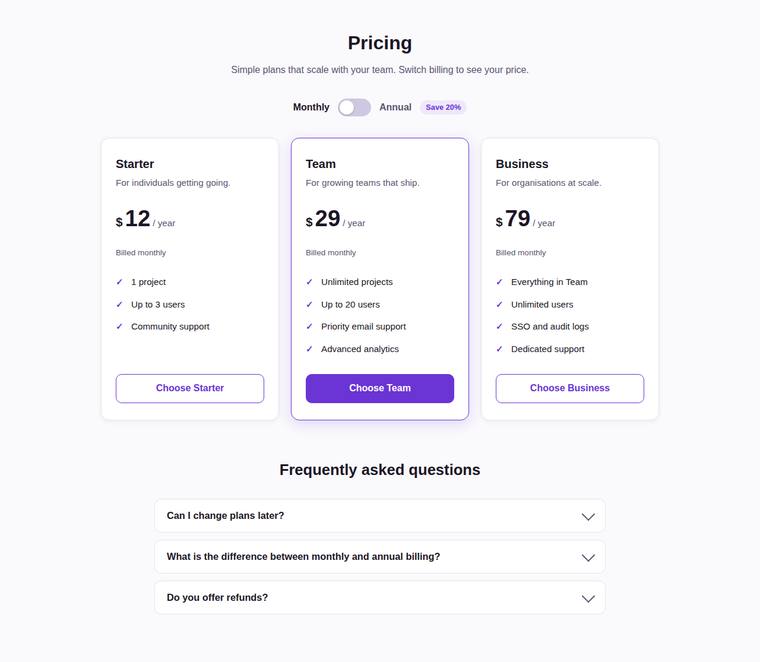 claude-opus-4-8 rendering of the Pricing page with a working billing toggle and FAQ accordion benchmark - composite 99.6%