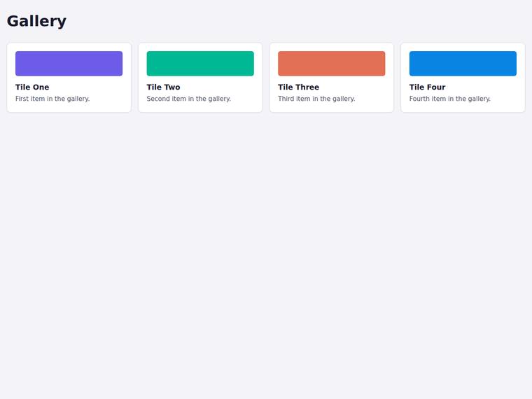 claude-opus-4-8 Websites output - Gallery grid that widens from one to four columns as the viewport grows