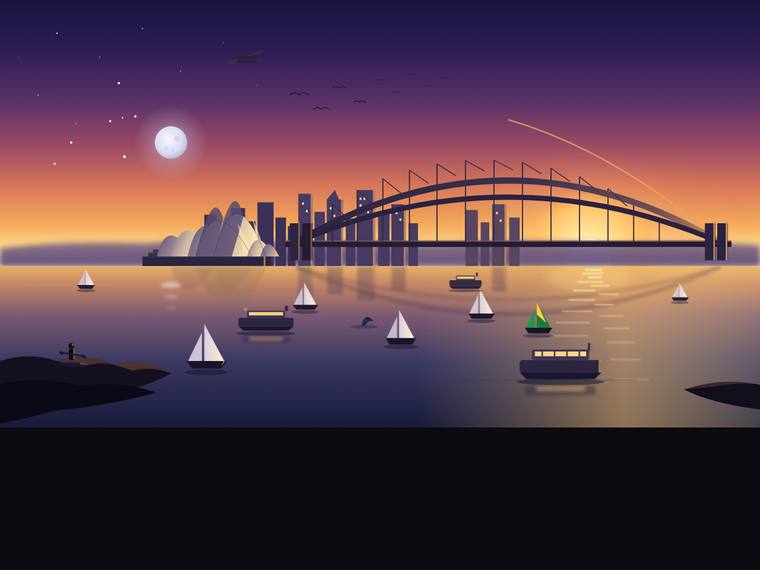 claude-opus-4-8 svg-scene output - Sydney Harbour at golden hour (SVG scene)