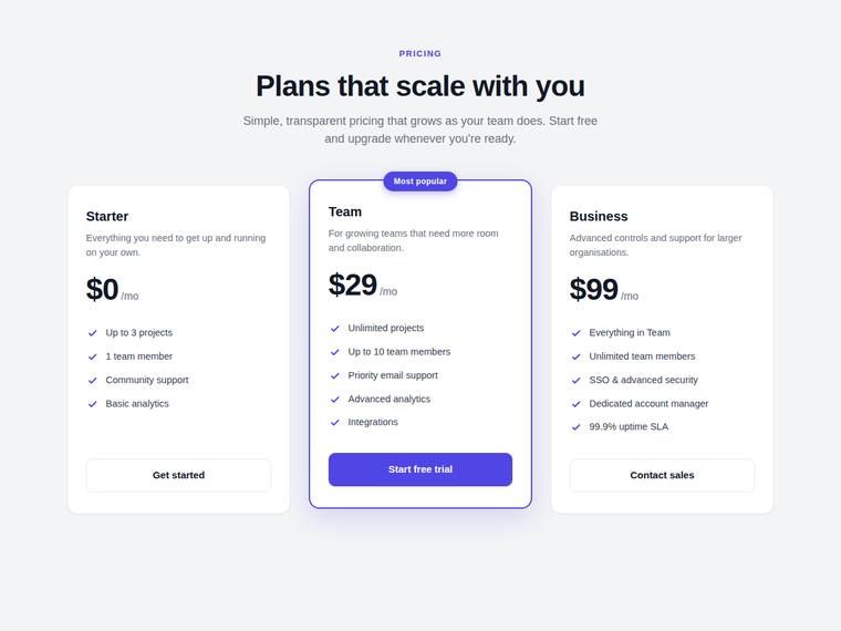 claude-opus-4-8 Websites output - Reproduce a three-tier SaaS pricing page from its screenshot
