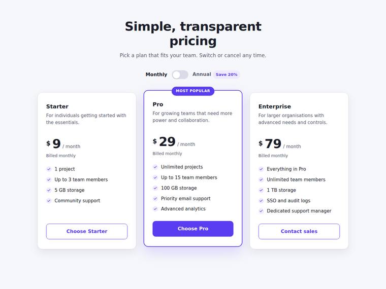 claude-opus-4-8 UI components output - Accessible pricing card with a monthly/annual toggle