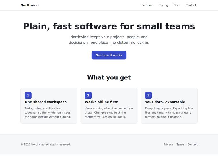 claude-opus-4-8 Websites output - Landing page with a working mobile nav toggle