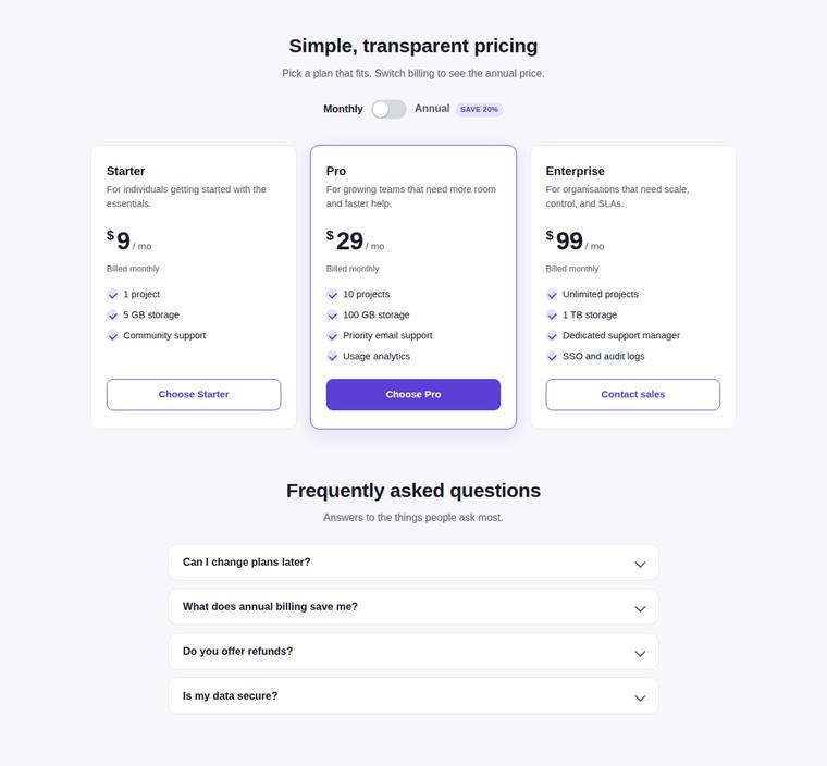 claude-opus-4-8 Websites output - Pricing page with a working billing toggle and FAQ accordion