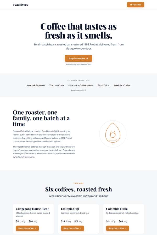 deepseek-v4-pro build of Two Rivers Coffee Roasters single-page site