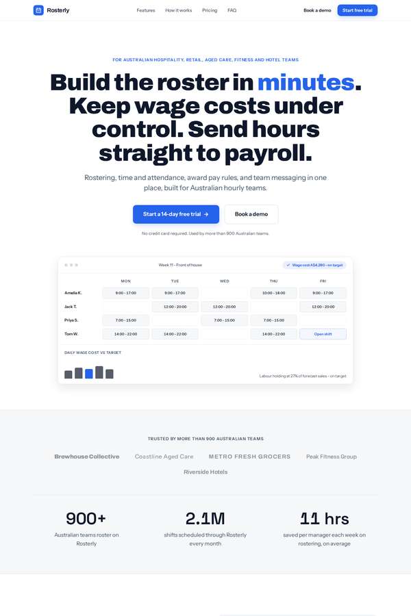 kimi-k3 build of Rosterly workforce shift-scheduling SaaS marketing site