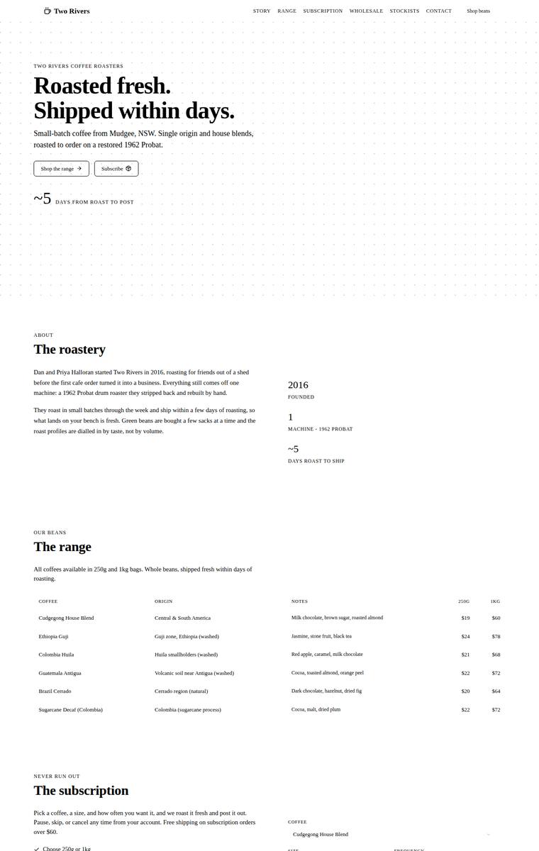 Elias Byrne (deepseek-v4-flash) rendering of the Two Rivers Coffee Roasters single-page site benchmark - composite 67.2%, judge 3.7/5