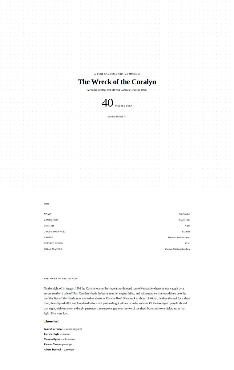 Elias Byrne (deepseek-v4-flash) webdesign output - The Wreck of the Coralyn maritime museum microsite