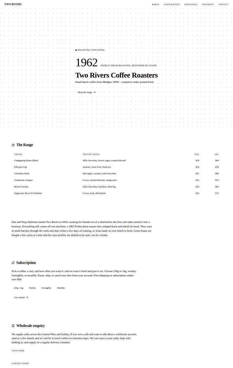 Elias Byrne (deepseek-v4-pro) rendering of the Two Rivers Coffee Roasters single-page site benchmark - composite 51.6%, judge 3.1/5