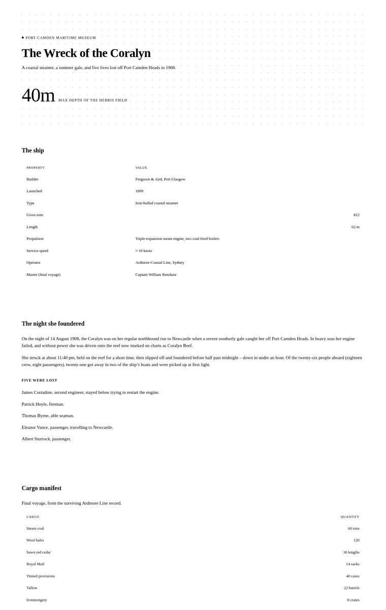 Elias Byrne (deepseek-v4-pro) webdesign output - The Wreck of the Coralyn maritime museum microsite