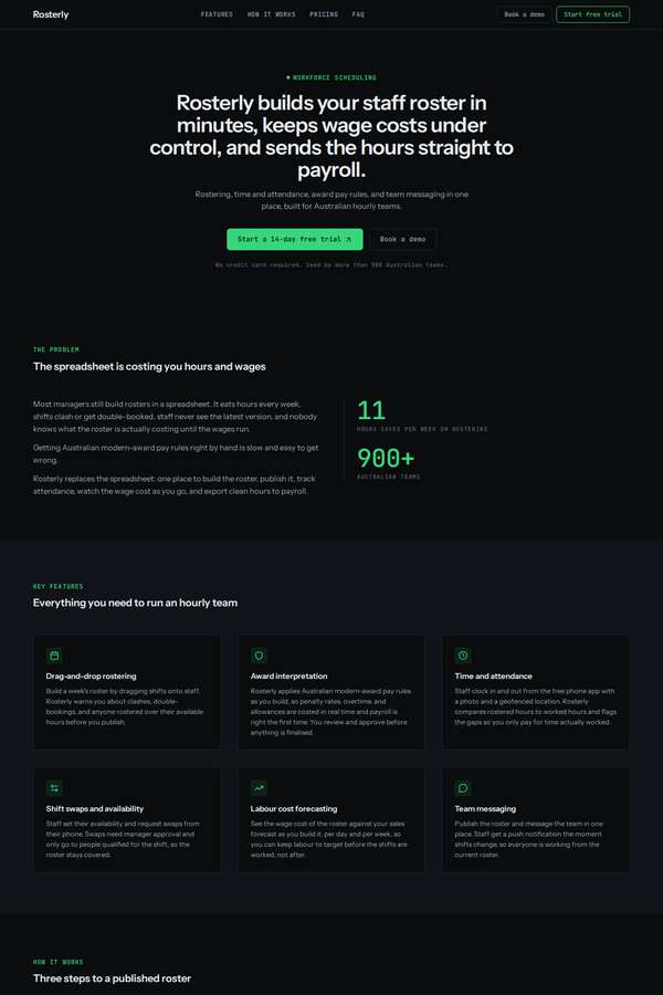 deepseek-v4-pro build of Rosterly workforce shift-scheduling SaaS marketing site