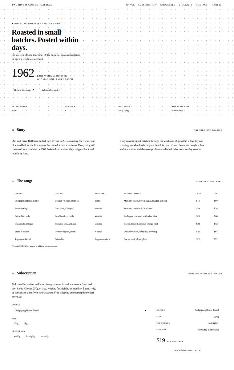 Elias Byrne (claude-fable-5) webdesign output - Two Rivers Coffee Roasters single-page site