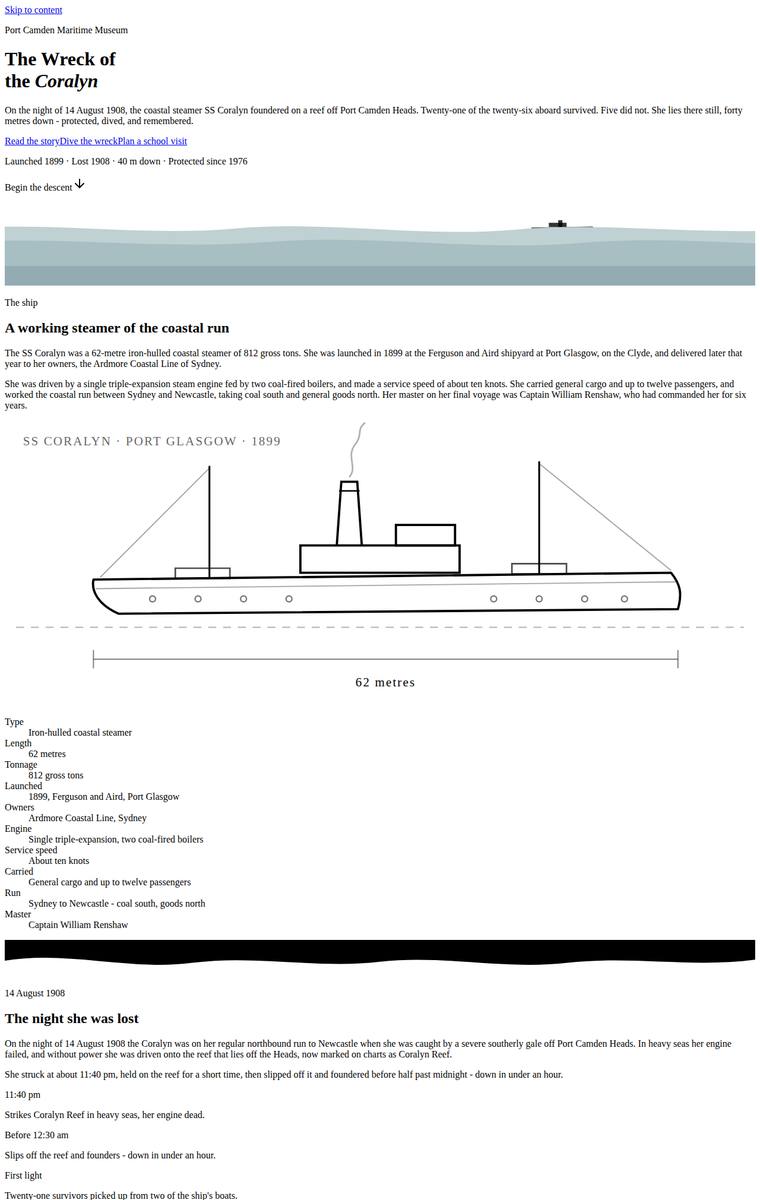 Elias Byrne (claude-fable-5) webdesign output - The Wreck of the Coralyn maritime museum microsite