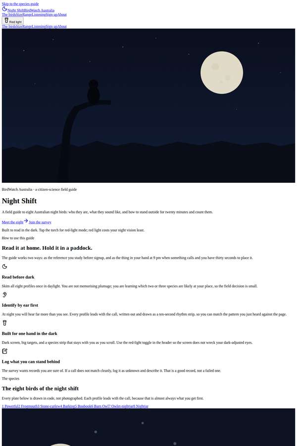 claude-fable-5 build of Night Shift nocturnal bird field guide