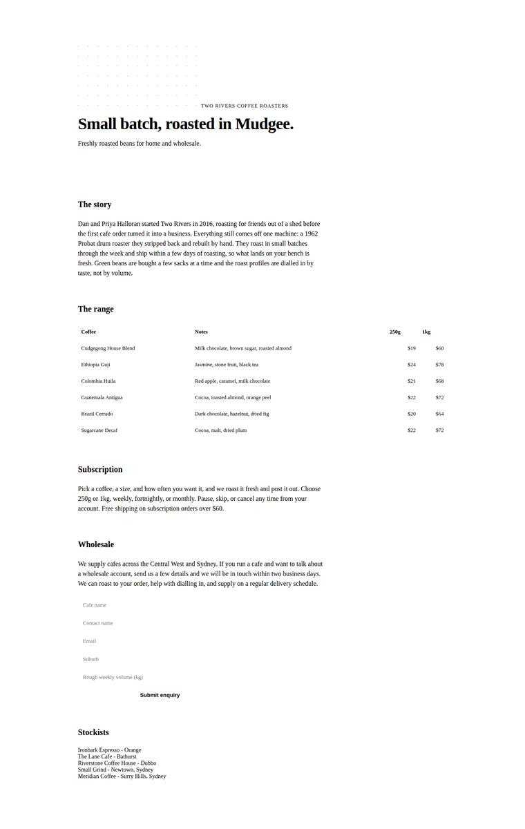 Elias Byrne (gemini-3.1-flash-lite) rendering of the Two Rivers Coffee Roasters single-page site benchmark - composite 26.6%, judge 2.1/5