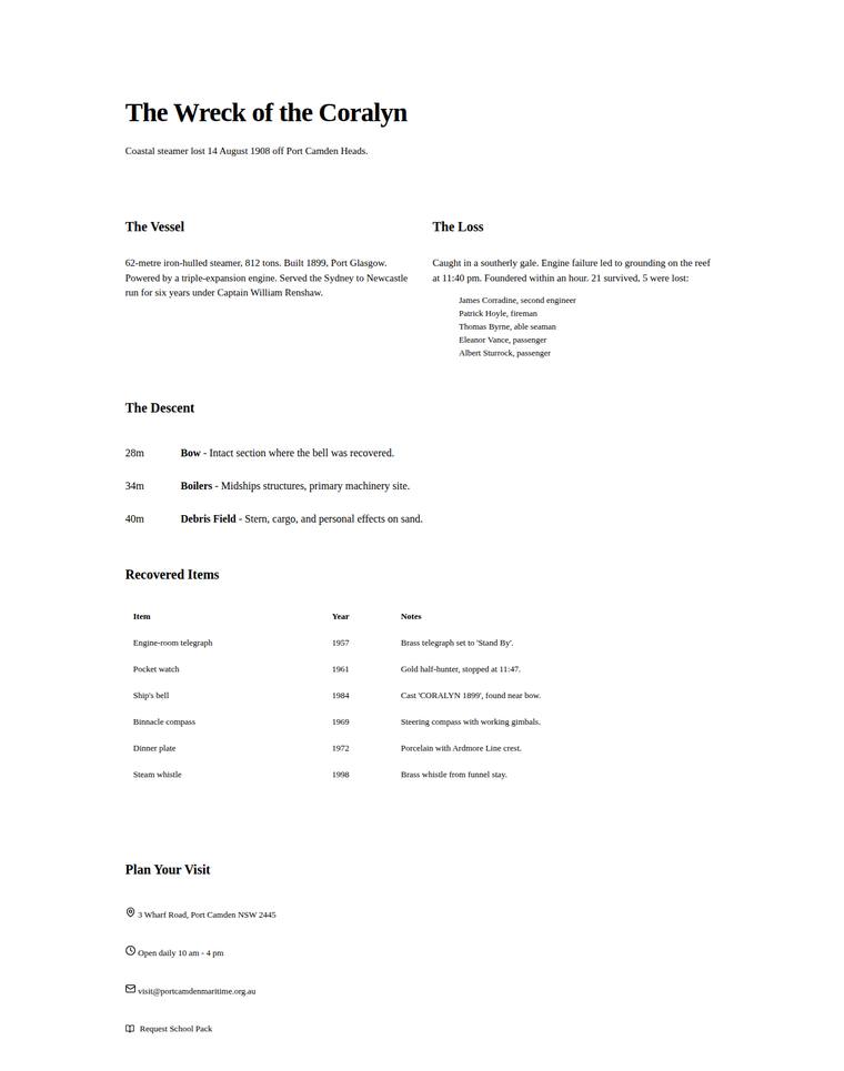 Elias Byrne (gemini-3.1-flash-lite) webdesign output - The Wreck of the Coralyn maritime museum microsite