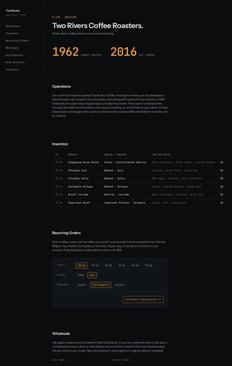 Elias Byrne (gemini-3.1-pro-preview) rendering of the Two Rivers Coffee Roasters single-page site benchmark - composite 48.4%, judge 2.9/5