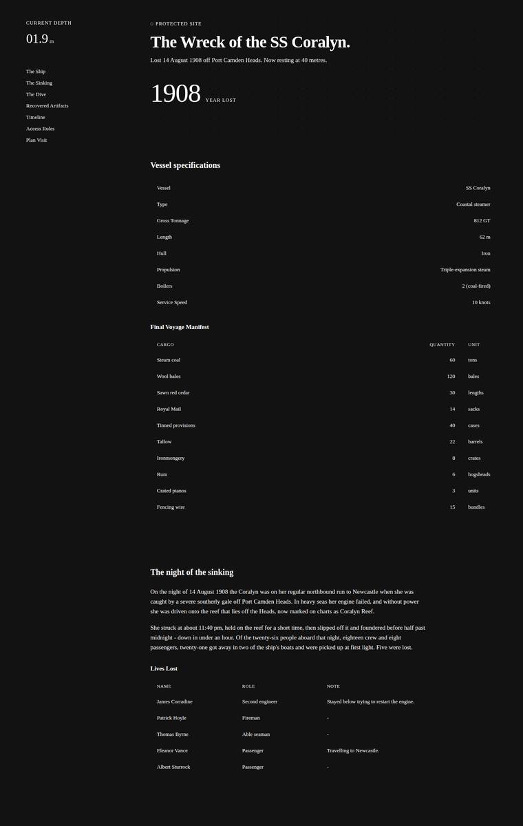 Elias Byrne (gemini-3.1-pro-preview) webdesign output - The Wreck of the Coralyn maritime museum microsite