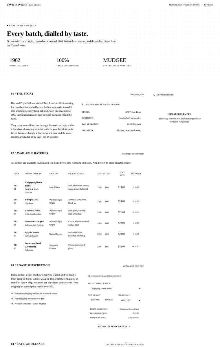 Elias Byrne (gemini-3.5-flash) rendering of the Two Rivers Coffee Roasters single-page site benchmark - composite 70.3%, judge 3.8/5