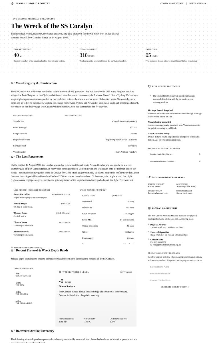 Elias Byrne (gemini-3.5-flash) webdesign output - The Wreck of the Coralyn maritime museum microsite