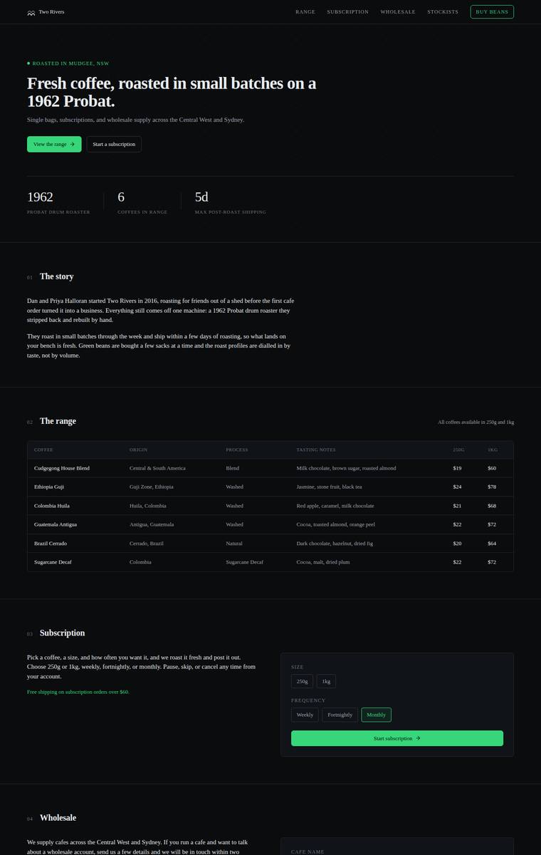 Elias Byrne (glm-5.2) rendering of the Two Rivers Coffee Roasters single-page site benchmark - composite 76.6%, judge 4.1/5
